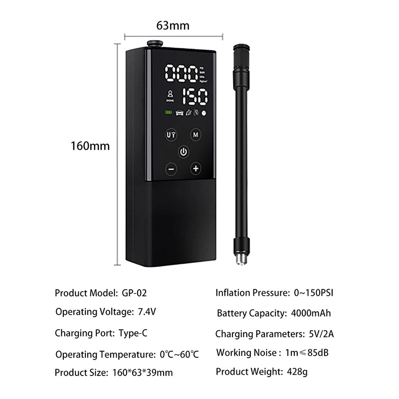 GP2 Portable Digital Touch Screen Air Pump Mini Tire Inflator with LED Light GP2 Portable Digital Touch Screen Air Pump Mini Tire Inflator with LED Light